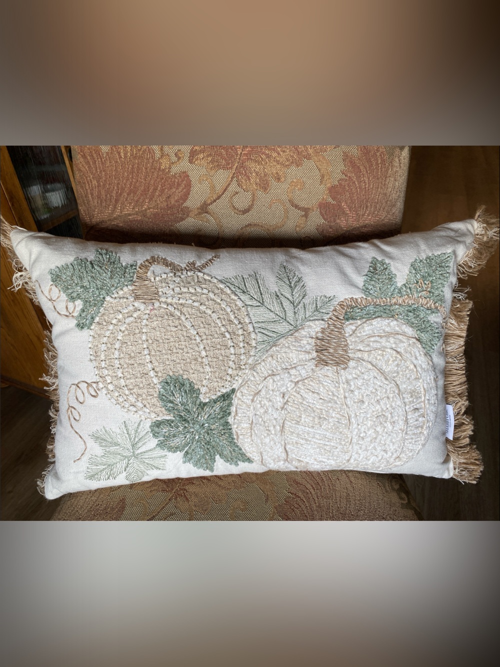 Shabby Chic Cream and Sage Embroidered Pumpkin Accent Pillow